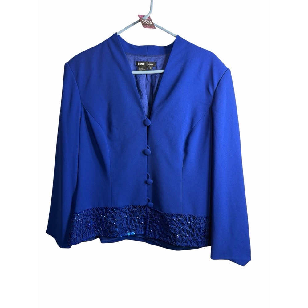 Rimini by show womens blue beaded button up long sleeve blazer jacket size 16